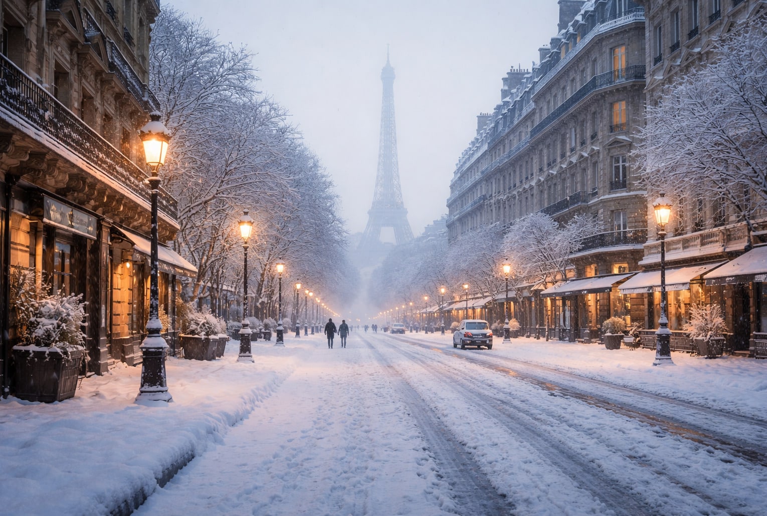 Rue parisienne enneigée au lever du jour, lampadaires allumés, tour Eiffel dans la brume.