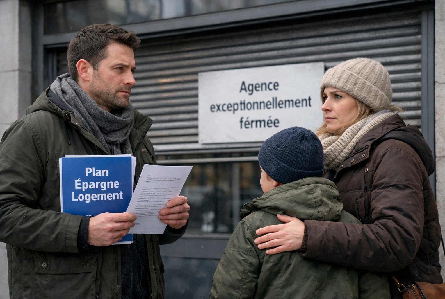 Famille devant une banque fermée, tenant des documents « Plan Épargne Logement », inquiète d’une clôture automatique.
