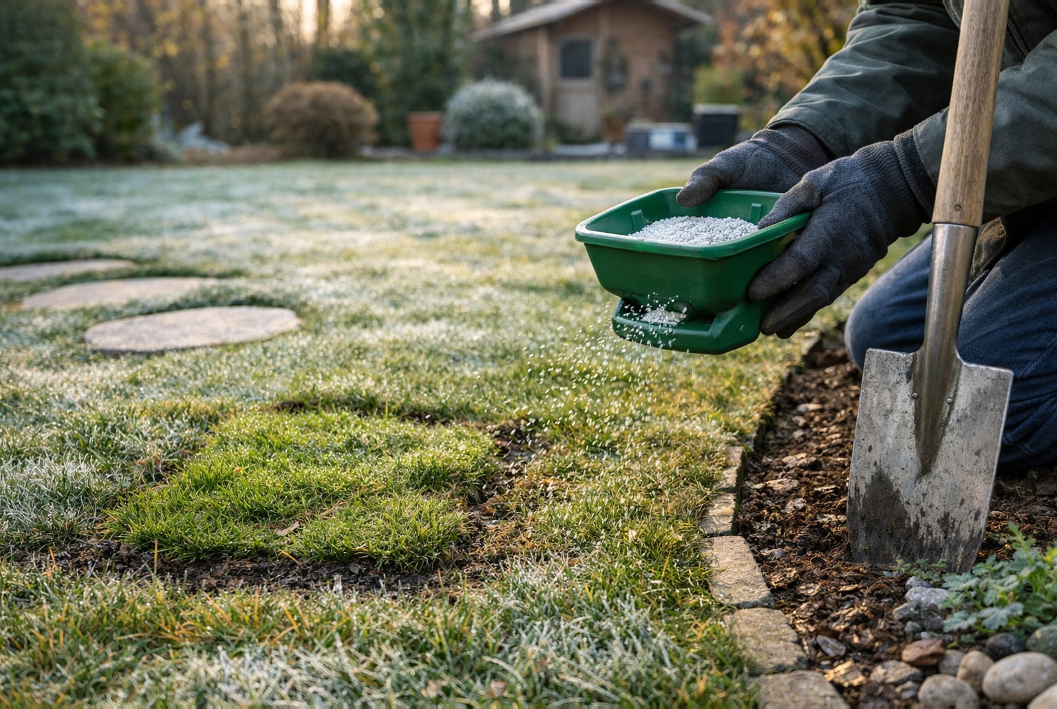 Jardin en janvier : main d’un jardinier épandant un engrais d’hiver sur une pelouse, bordures nettes.