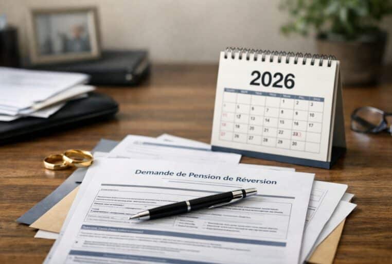 Dossier de pension de réversion 2026 sur un bureau, avec formulaire, stylo, alliances et calendrier 2026.