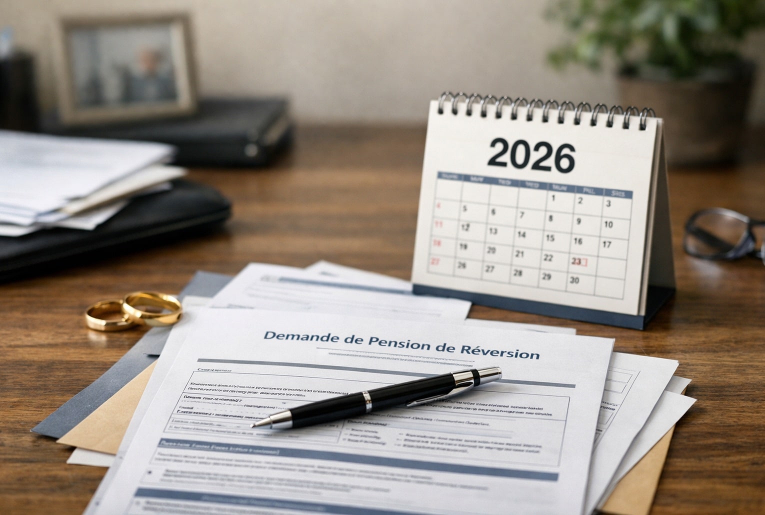 Dossier de pension de réversion 2026 sur un bureau, avec formulaire, stylo, alliances et calendrier 2026.