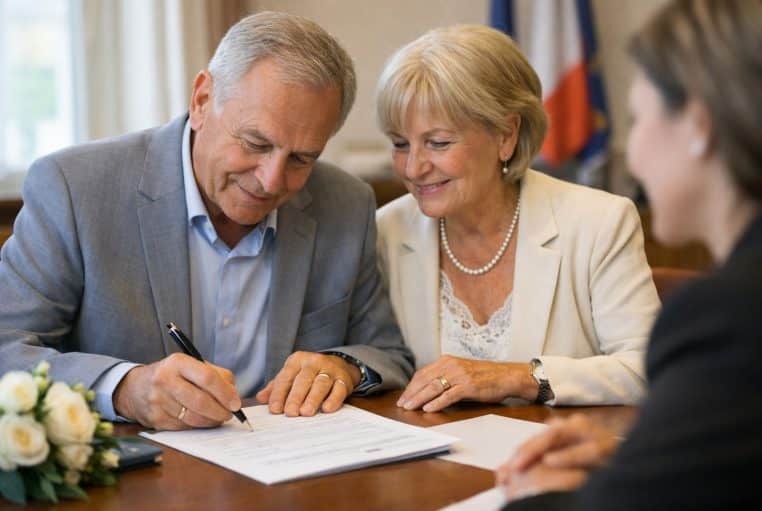 Couple de seniors signant un acte de mariage à la mairie, scène réaliste liée à la pension de réversion