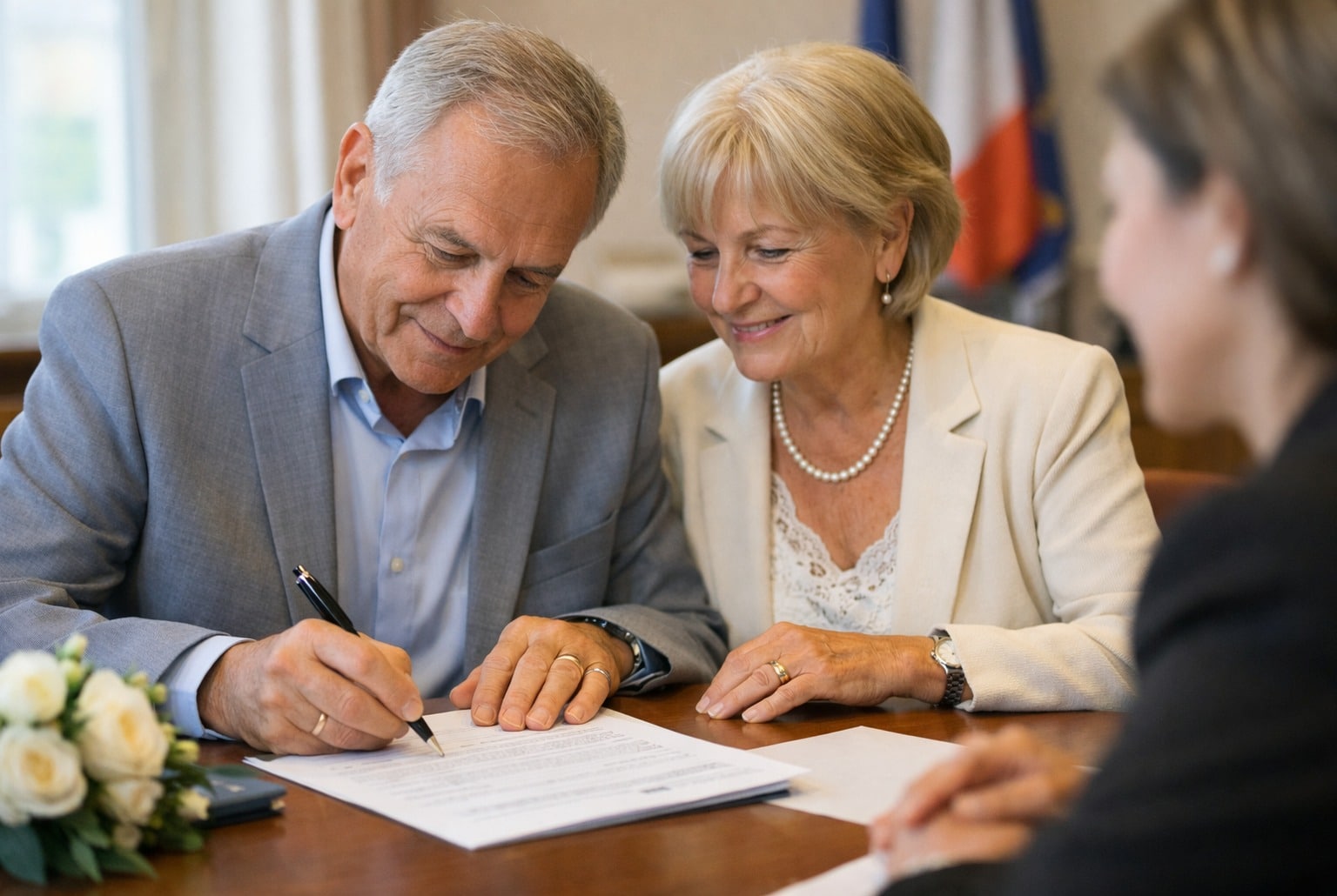 Couple de seniors signant un acte de mariage à la mairie, scène réaliste liée à la pension de réversion