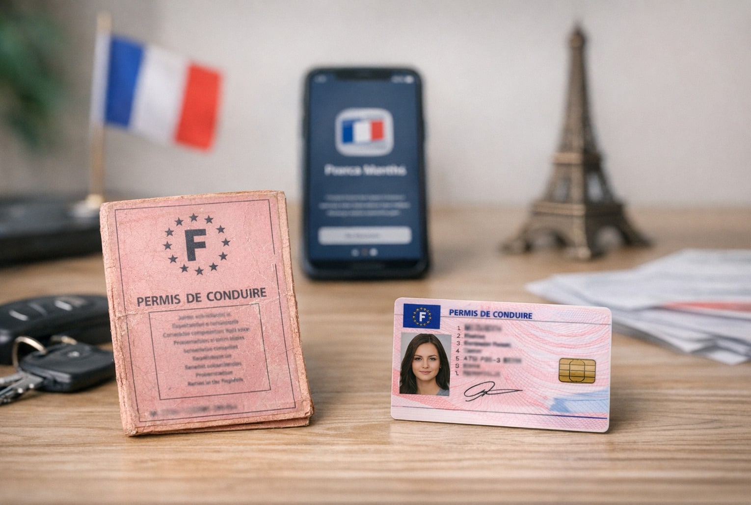Permis de conduire français rose en carton et nouveau permis au format carte posés sur une table, avec un smartphone en arrière-plan.