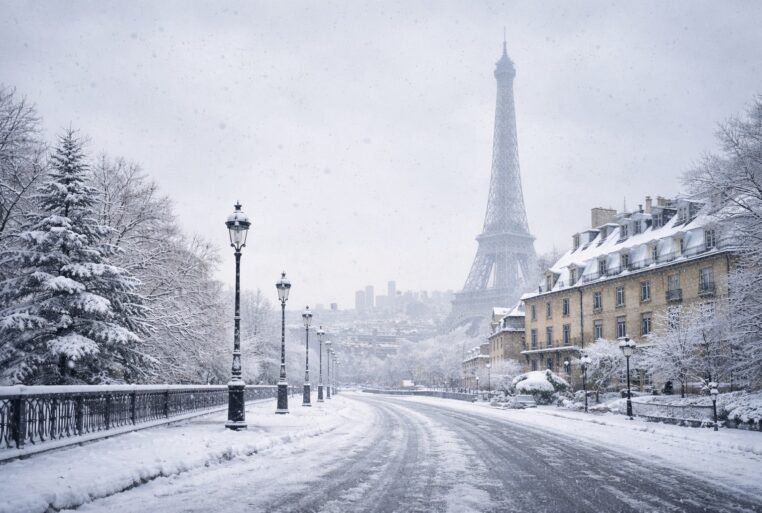 Photo réaliste d’une avenue parisienne sous la neige, avec la tour Eiffel en arrière-plan dans une brume hivernale.
