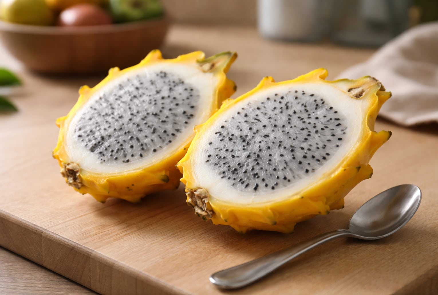 Pitaya jaune ouvert en deux sur une planche en bois, chair blanche et graines noires, avec une cuillère à côté.