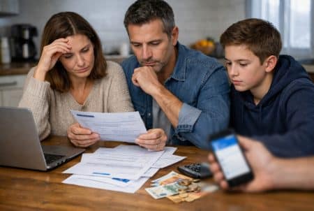Famille française à table examinant des documents et de l’argent, calculant l’impact d’une baisse d’aides CAF.