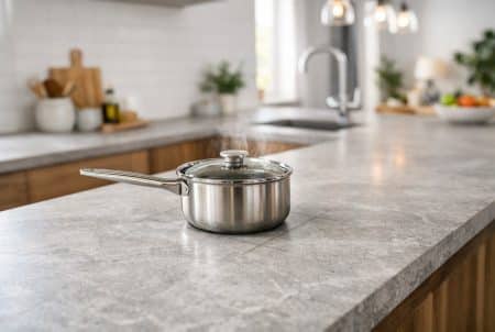 Casserole sur plan de travail en pierre avec cuisson invisible, cuisine moderne lumineuse et épurée en arrière-plan.