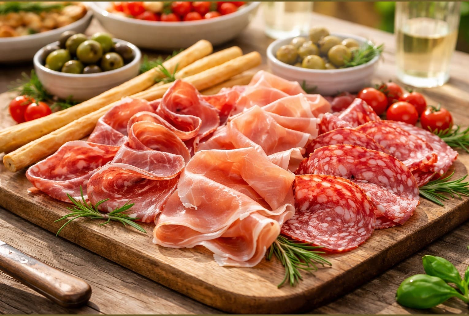 Plateau de chiffonnades italiennes (coppa, jambon cru, saucisson sec) sur planche en bois, avec olives, tomates cerises, gressins et romarin, en lumière d’été.
