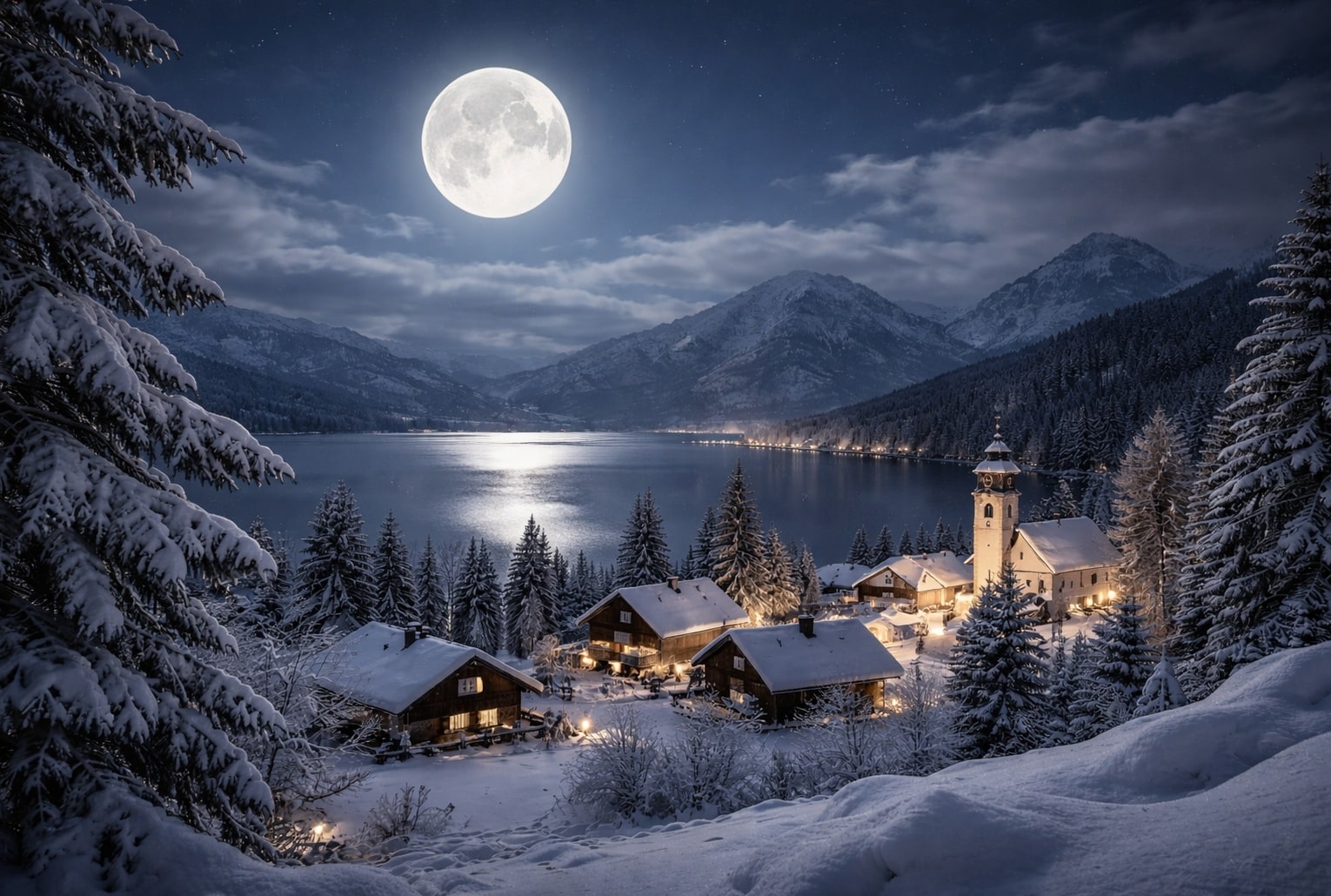 Pleine lune d’hiver au-dessus d’un village alpin enneigé au bord d’un lac, chalets éclairés et clocher illuminé, montagnes en arrière-plan.