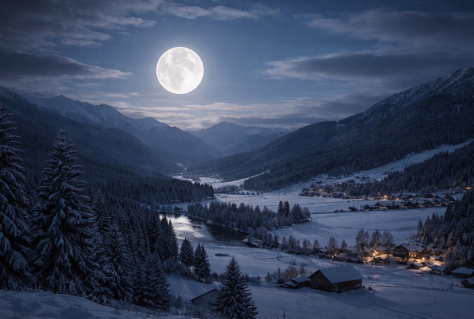Pleine lune brillante au-dessus d’une vallée enneigée, avec un village illuminé au crépuscule et des montagnes en arrière-plan.