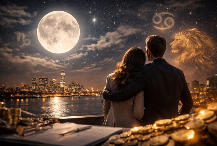 Pleine Lune en Lion du 1er février 2026 : couple sur un rooftop, skyline nocturne, symboles Cancer et Capricorne, ambiance financière