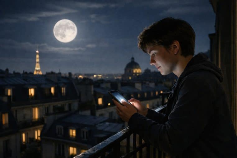 Jeune adulte sur un balcon parisien la nuit, regardant son smartphone, pleine lune lumineuse au-dessus des toits.