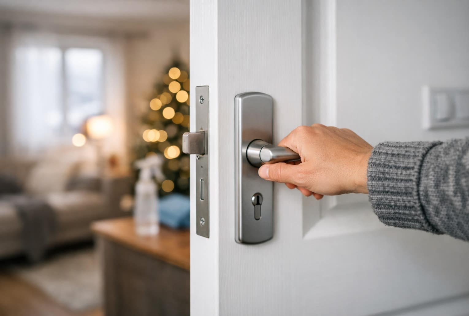 Main ouvrant une porte via une poignée métallique, dans un intérieur d’hiver chaleureux.