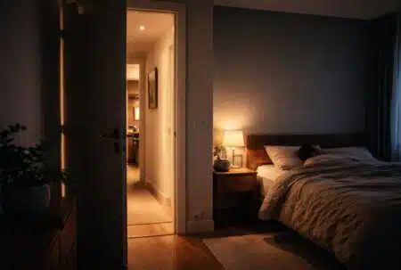 Porte de chambre ouverte la nuit, lumière du couloir et dormeur apaisé