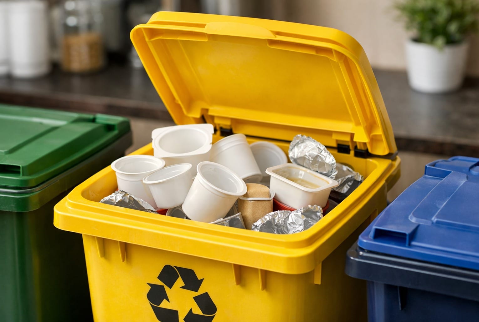 Gros plan d’un bac de tri jaune ouvert rempli de pots de yaourt (plastique, carton) et d’opercules en aluminium, dans une cuisine.