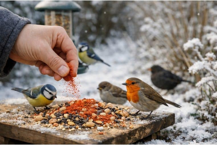 Main saupoudrant de la poudre de chili sur des graines près d’une mangeoire, oiseaux en hiver au jardin.