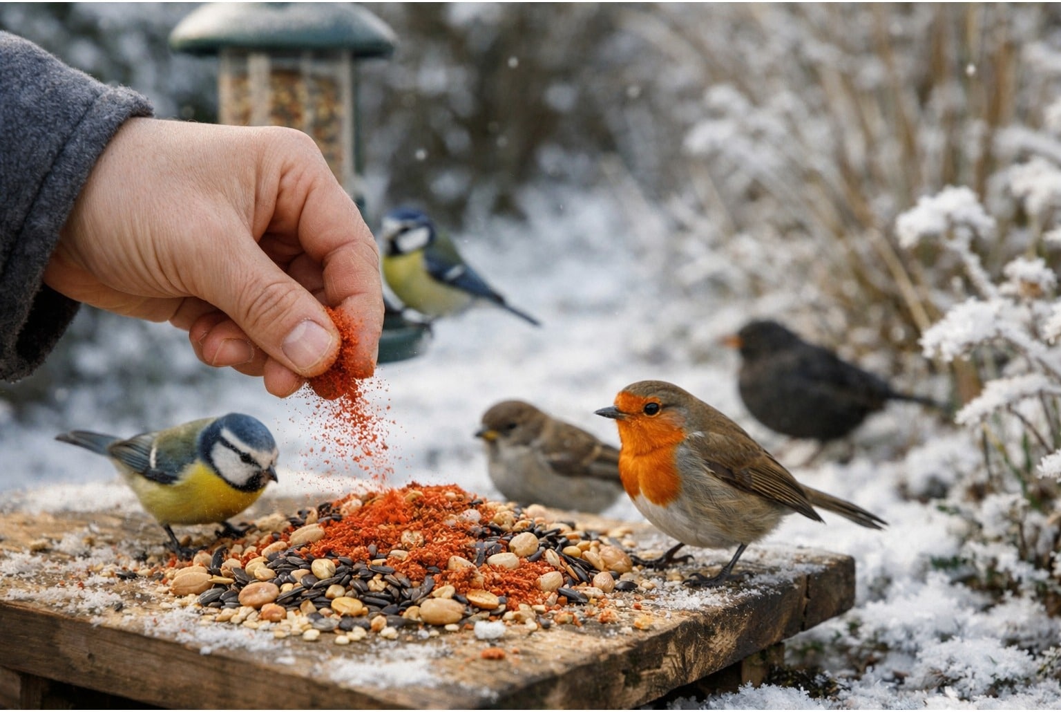 Main saupoudrant de la poudre de chili sur des graines près d’une mangeoire, oiseaux en hiver au jardin.