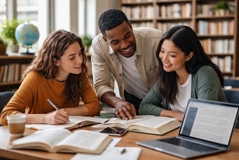Trois adultes d’origines diverses discutent autour d’une table en bibliothèque, livres ouverts et laptop, air concentré.