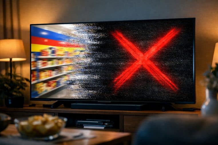 Écran de télévision où une pub de supermarché s’efface dans du grésillement, tandis qu’une croix rouge apparaît