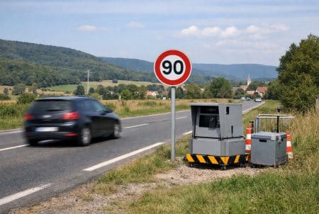 Radar de chantier sur bas-côté, panneau 90 km/h visible, voiture floue sur une route de campagne près de Belfort
