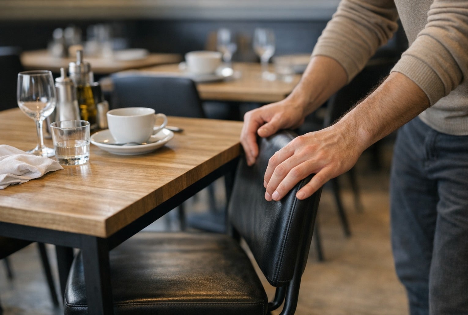 Gros plan de mains repoussant une chaise sous une table dans un bistrot, avec une tasse de café et des verres sur la table.
