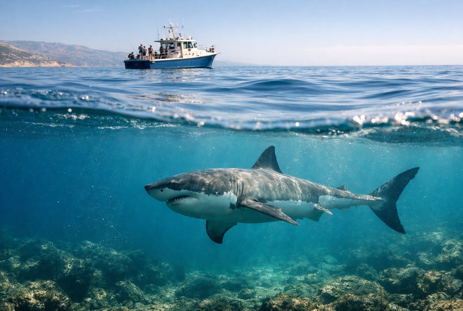 Requin blanc nageant sous la surface en Méditerranée, avec un bateau d’observation au loin et un littoral en arrière-plan.