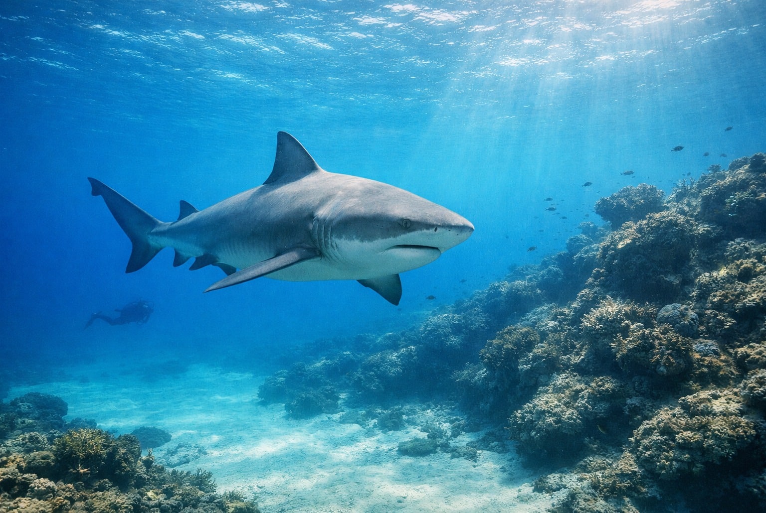 Requin bouledogue d’environ deux mètres nageant calmement près d’un récif, dans une eau très claire.