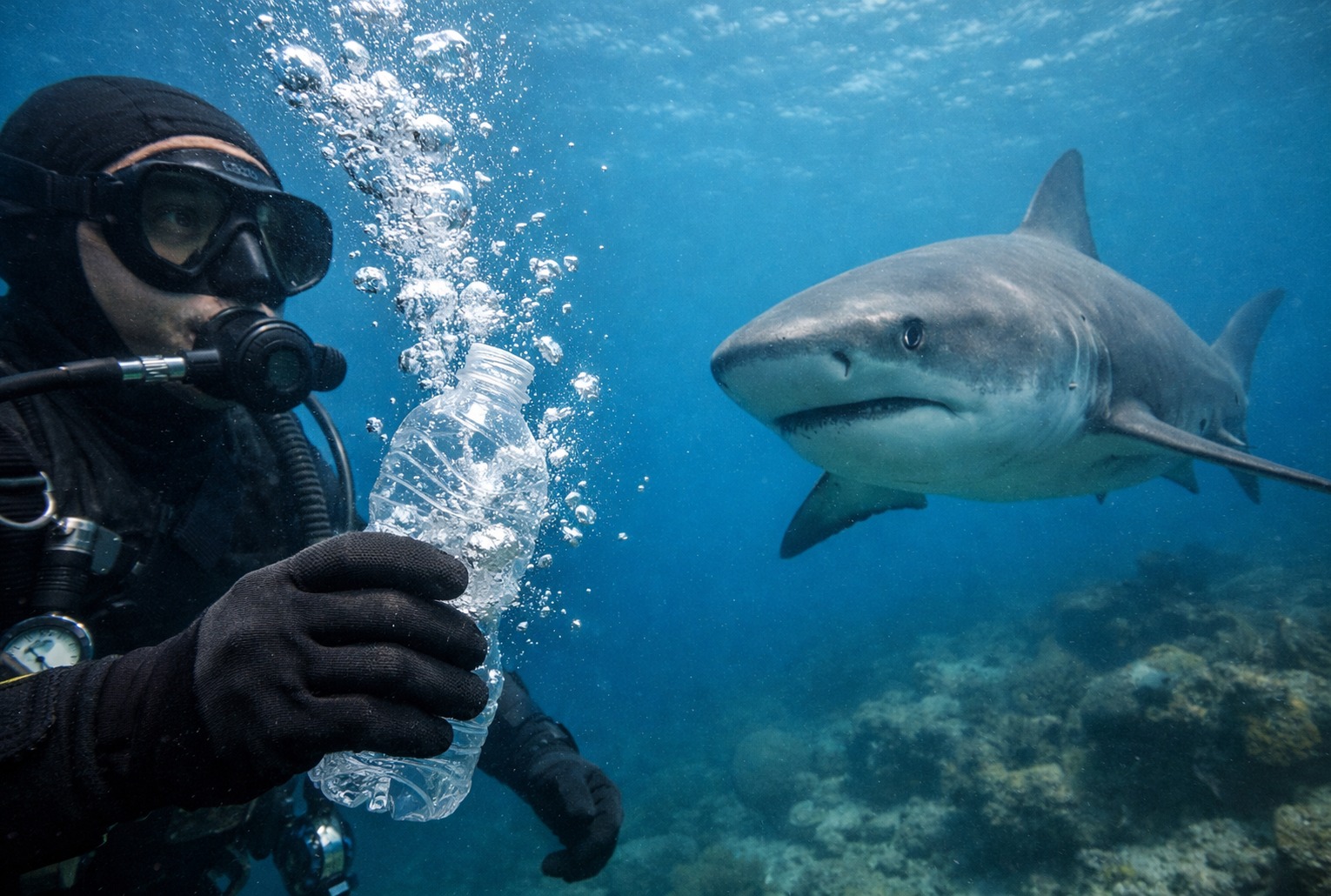 Plongeur en combinaison noire tenant une bouteille en plastique froissée sous l’eau, bull shark s’approchant dans un décor bleu.