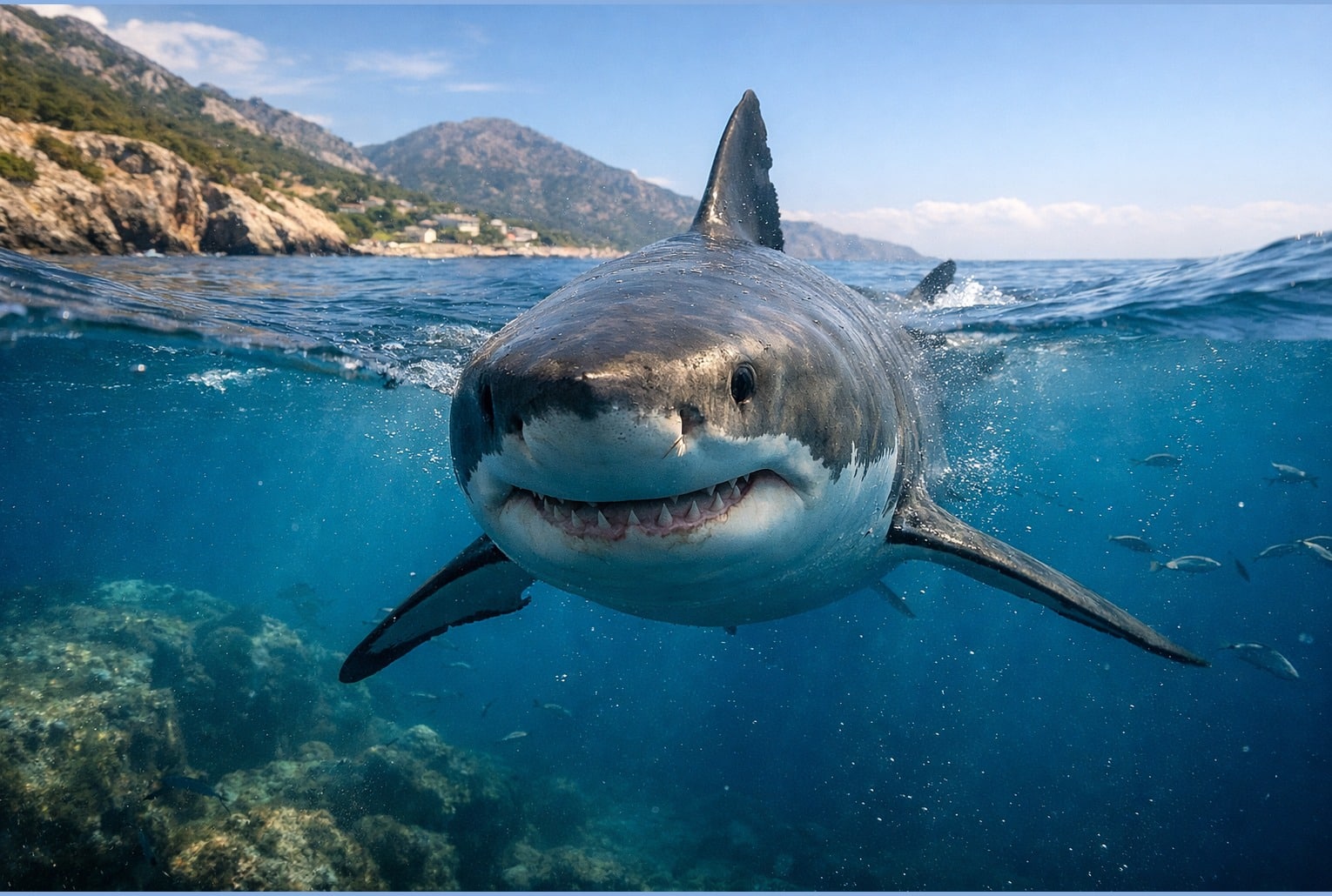 Grand requin blanc nageant près de la surface en Méditerranée, avec une côte rocheuse et un village en arrière-plan.