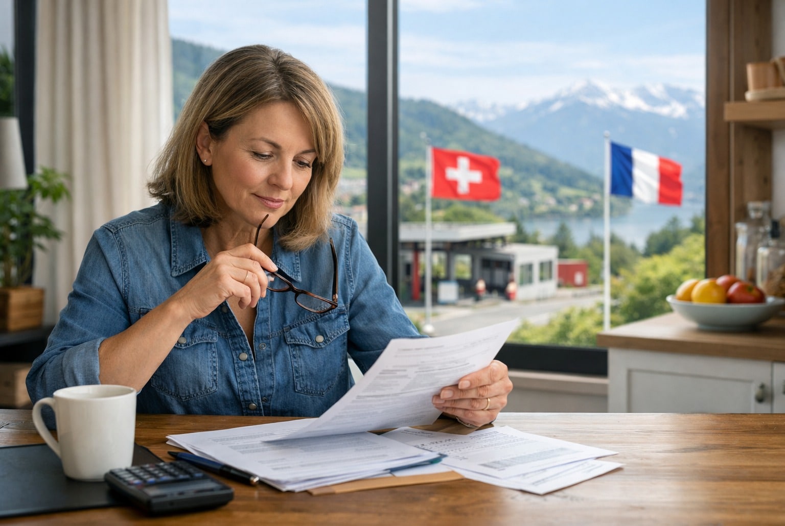 Femme frontalière consultant des documents de retraite à domicile, avec drapeaux Suisse et France en arrière-plan
