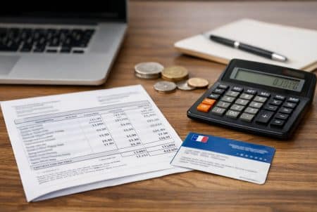 Bureau en vue horizontale avec fiche de paie, calculatrice et pièces en euros, évocation retraite 2026.