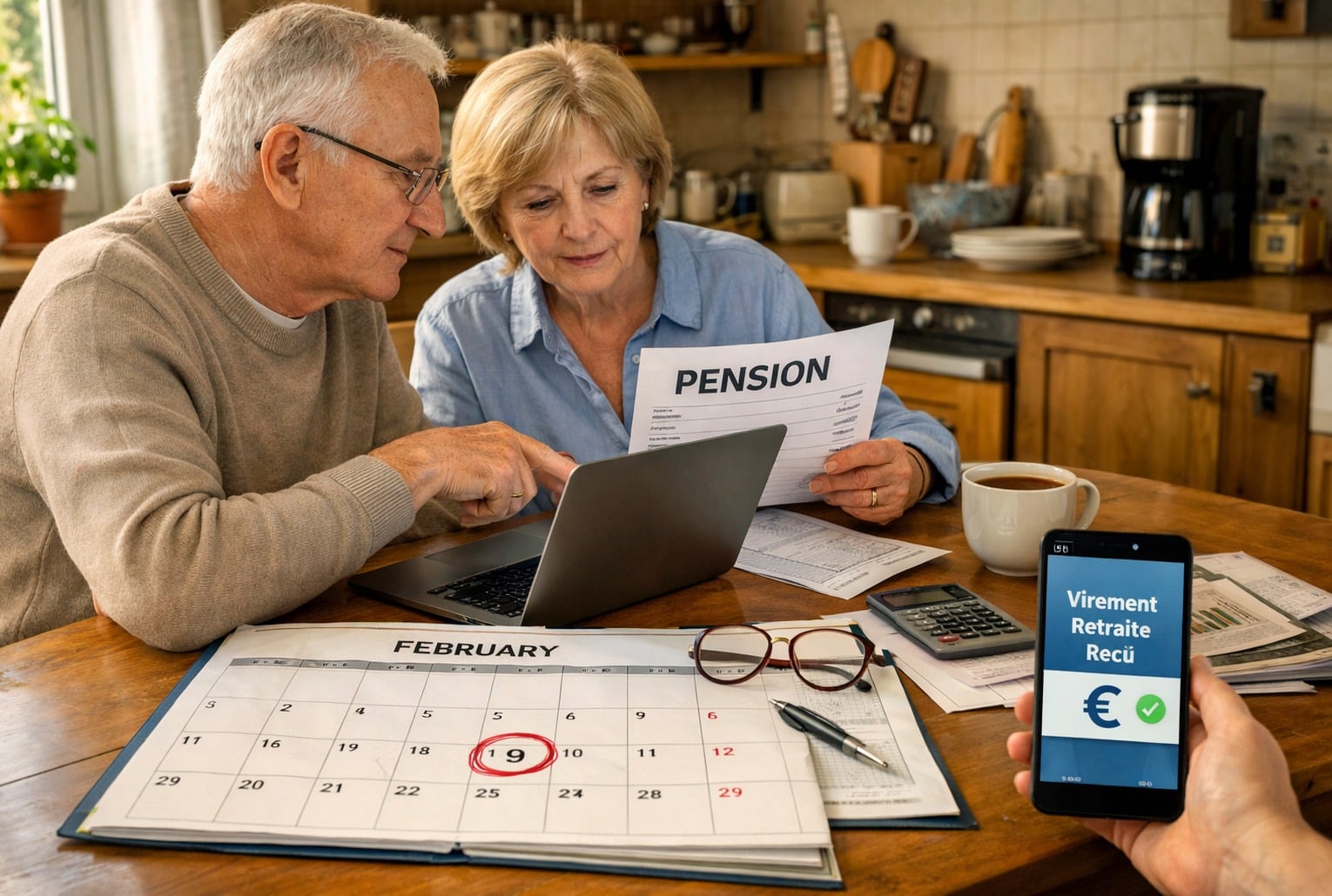 Couple de retraités consultant leur pension sur un ordinateur, avec un calendrier de février et une notification de virement sur smartphone.