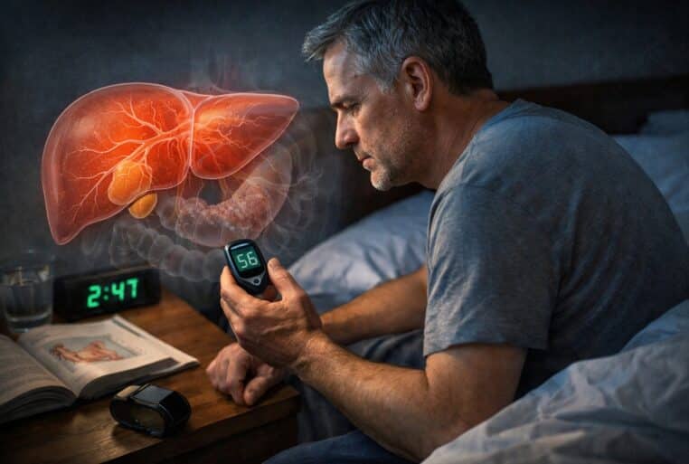 Homme assis sur son lit en pleine nuit, regardant un lecteur de glycémie, avec une illustration translucide du foie en arrière-plan.