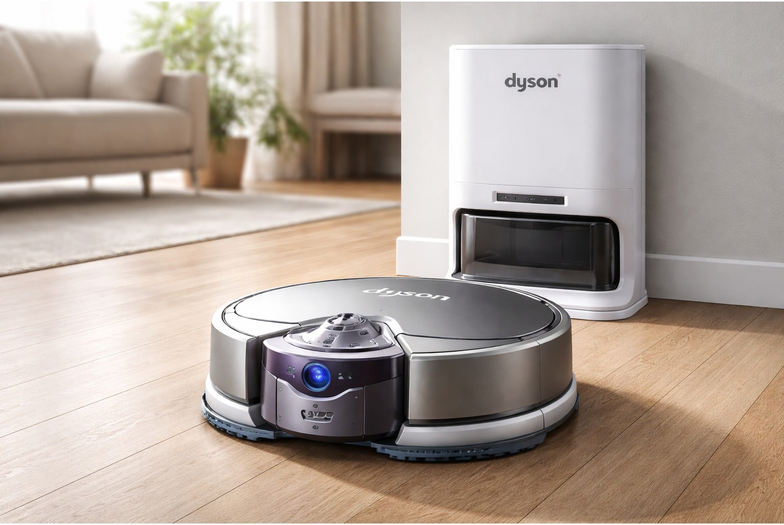Robot aspirateur laveur Dyson avec station de collecte et caméra IA, sur parquet dans un salon lumineux.