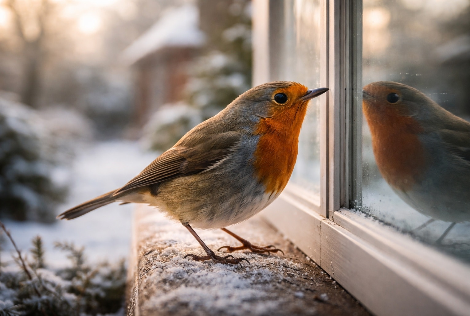En février, le rouge-gorge peut taper à la vitre en attaquant son propre reflet, qu’il prend pour un rival.