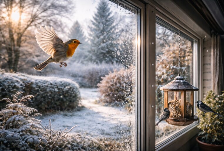 Rouge-gorge européen en plein vol devant une baie vitrée givrée, reflets d’arbres d’hiver sur le verre et marquage anti-collision, mangeoire d’hiver avec mésanges dans un jardin enneigé.