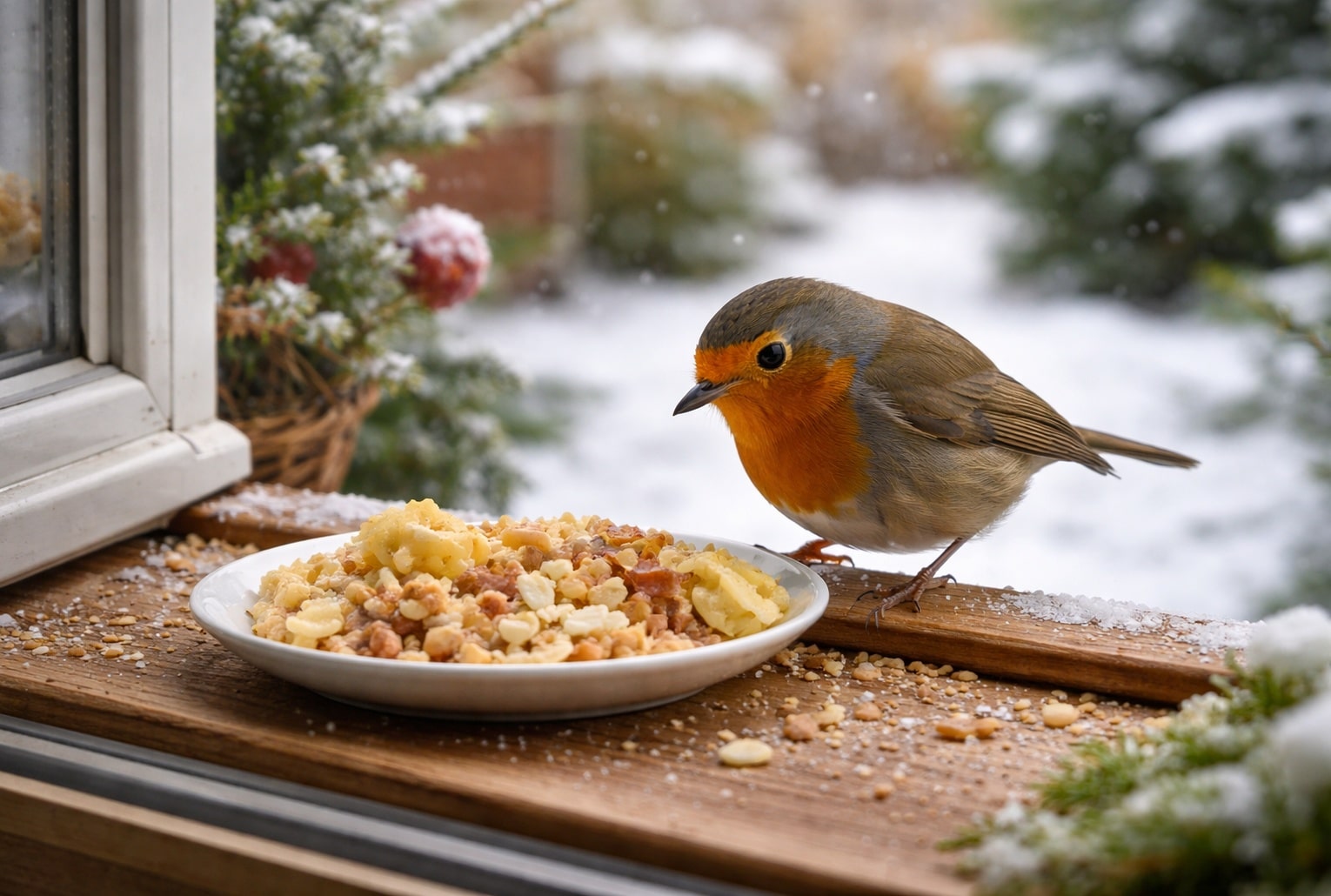 Rouge-gorge à la fenêtre en hiver, nourri avec des restes de cuisine sans sel
