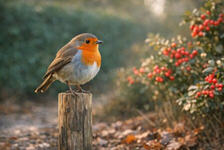 Un rouge-gorge perché sur un piquet surveille son territoire, dans un jardin d’hiver riche en baies.