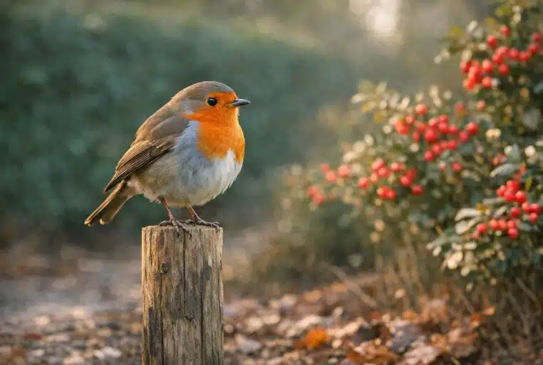 Un rouge-gorge perché sur un piquet surveille son territoire, dans un jardin d’hiver riche en baies.