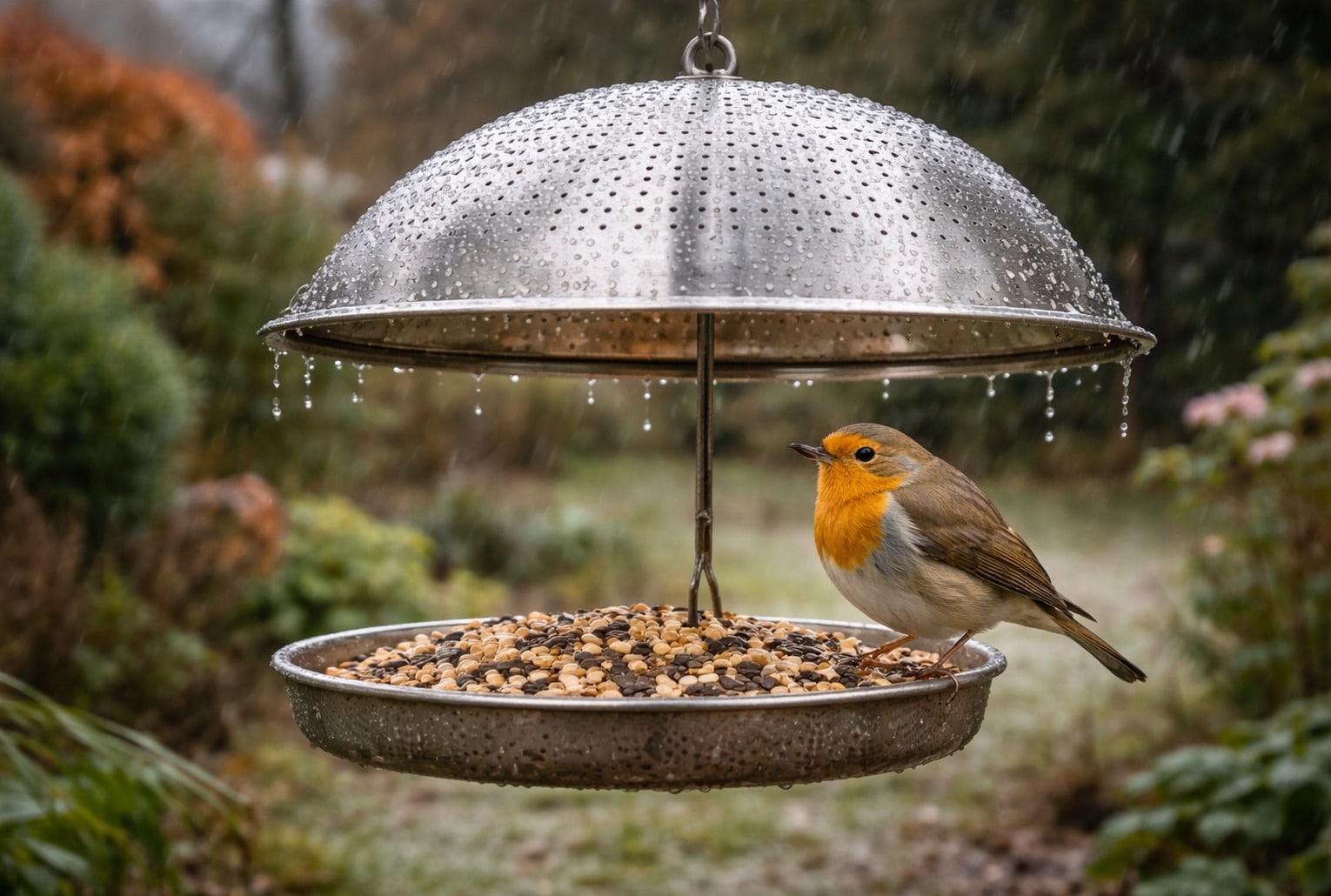 Rouge-gorge sous la pluie, protégé par une passoire au-dessus d’une mangeoire