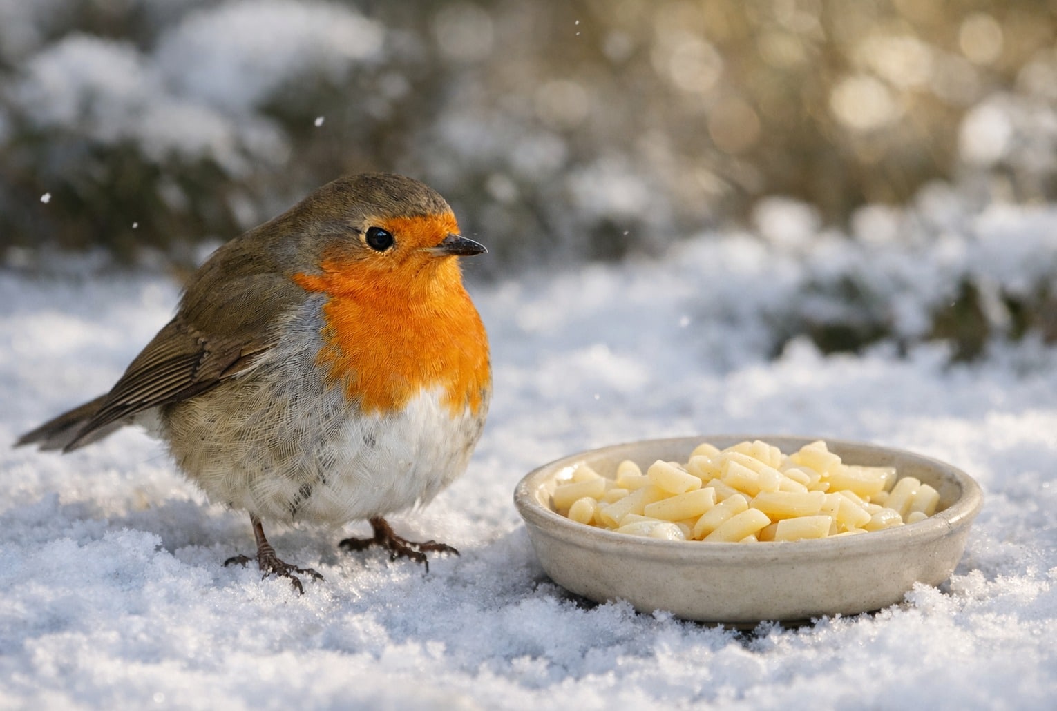 Rouge-gorge dans la neige, à côté d’une coupelle de pâtes cuites nature, lumière douce d’hiver.