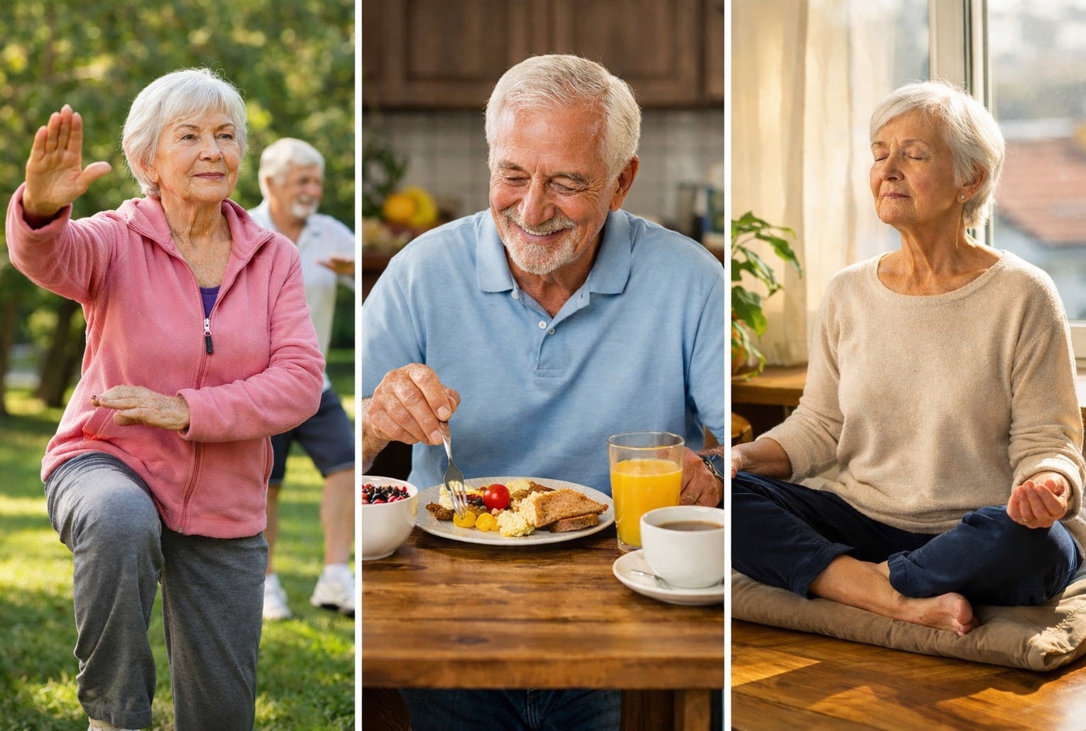 Seniors autonomes : routines matinales avec tai-chi, petit-déjeuner protéiné et méditation