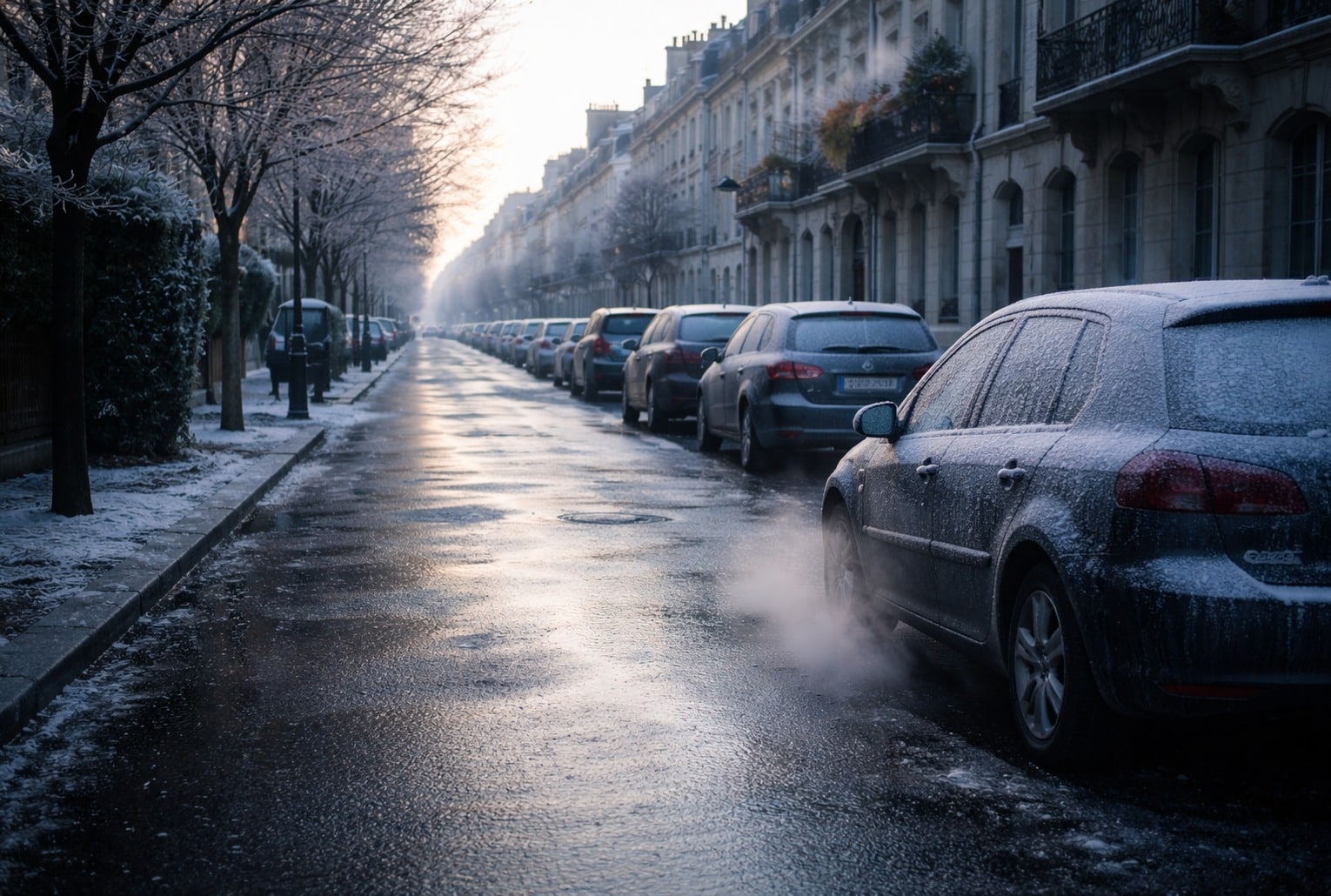 Rue française au petit matin sous gel, bitume brillant, voitures couvertes de givre, air froid visible, ciel clair, aucune personne identifiable.