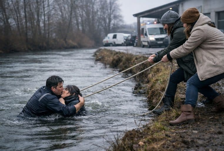 Sauvetage sur une rivière en hiver : un garagiste tire une femme hors de l’eau pendant que deux riveraines sécurisent une corde depuis la berge.