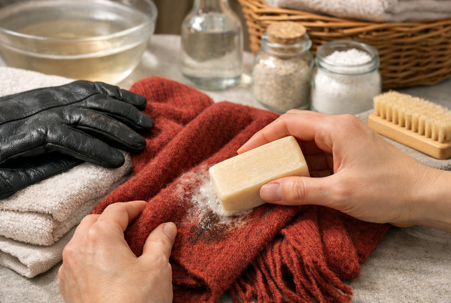 Savon au fiel de bœuf appliqué sur une tache, sans frotter, sur une écharpe en laine près d’un gant en cuir