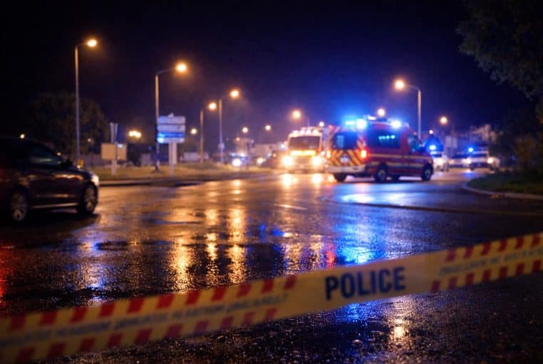 Rubalise et gyrophares au loin sur un rond-point mouillé, scène nocturne suggérant une intervention des secours.
