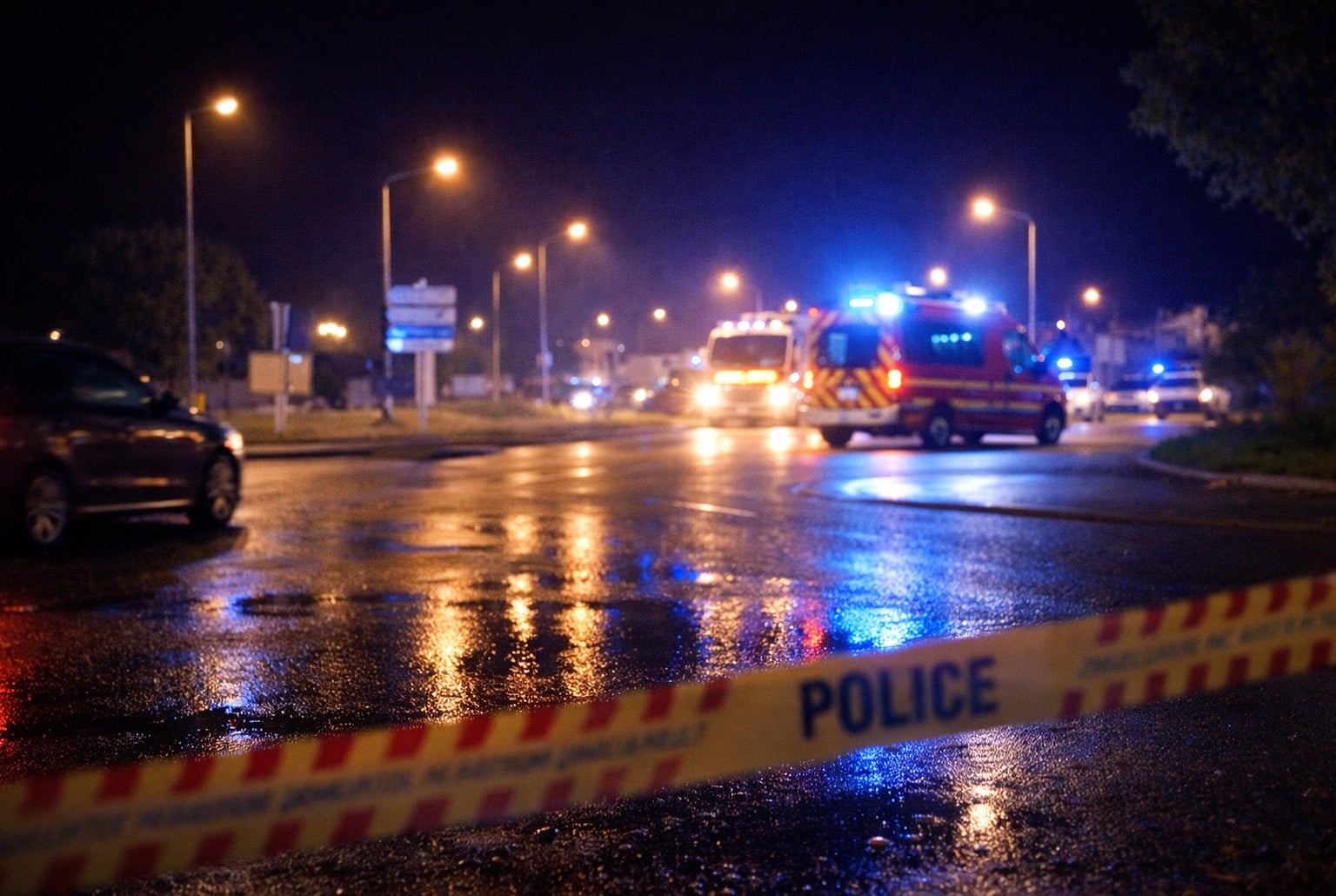 Rubalise et gyrophares au loin sur un rond-point mouillé, scène nocturne suggérant une intervention des secours.
