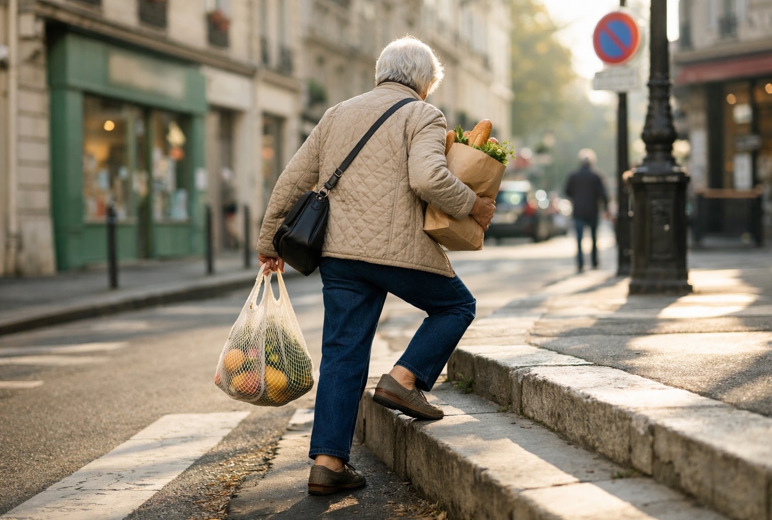 Femme senior montant un trottoir avec des sacs de courses, dans une rue parisienne au soleil du matin.