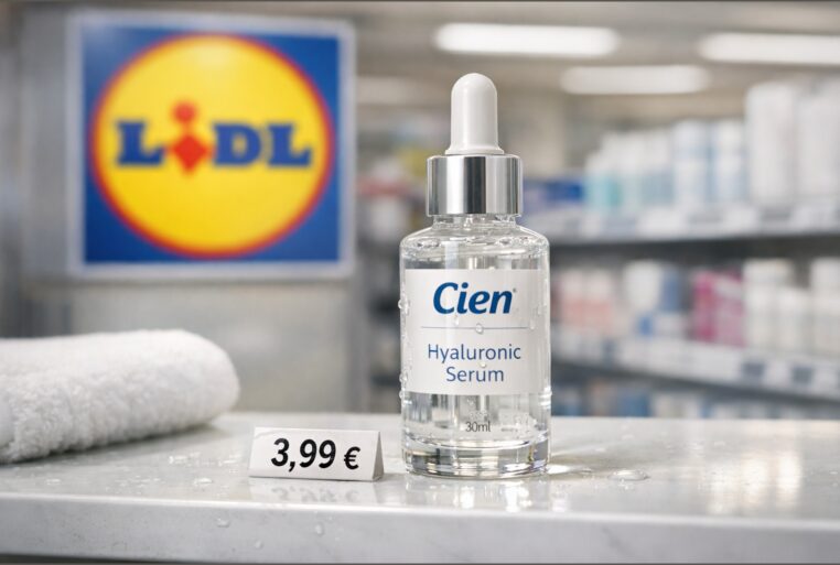 Sérum Cien Lidl à l’acide hyaluronique mis en avant en rayon, prix 3,99 €.